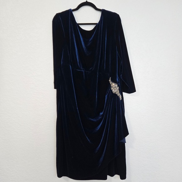 Alex Evenings Navy Blue Velvet Midi Dress Plus Size 24W Formal Evening Occasion - Picture 3 of 8